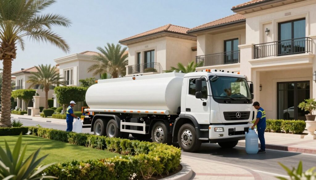 A bright and sunny Dubai villa neighborhood, showcasing a modern, elegant villa with lush greenery and well-manicured gardens in the foreground. In the middle, a white water tanker truck parked along the driveway, its shiny surface reflecting the sunlight, emphasizing the importance of professional water supply services. Skilled workers in professional business attire can be seen efficiently unloading water containers, illustrating a seamless water delivery process. In the background, a clear blue sky and palm trees enhance the vibrant atmosphere. Soft natural lighting casts gentle shadows, suggesting a warm and welcoming environment. The image should evoke a sense of reliability and professionalism in water delivery services tailored for Dubai villas. A bright and sunny Dubai villa neighborhood, showcasing a modern, elegant villa with lush greenery and well-manicured gardens in the foreground. In the middle, a white water tanker truck parked along the driveway, its shiny surface reflecting the sunlight, emphasizing the importance of professional water supply services. Skilled workers in professional business attire can be seen efficiently unloading water containers, illustrating a seamless water delivery process. In the background, a clear blue sky and palm trees enhance the vibrant atmosphere. Soft natural lighting casts gentle shadows, suggesting a warm and welcoming environment. The image should evoke a sense of reliability and professionalism in water delivery services tailored for Dubai villas.