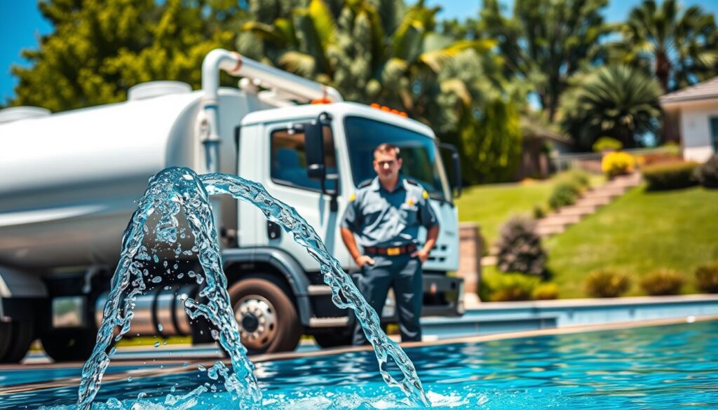 A delivery truck with a white tanker is parked beside a residential swimming pool, delivering clean, sparkling water. In the foreground, water is flowing from the tanker’s hose into the pool, creating splashes that glisten in the sunlight. The truck is depicted from a slightly low angle to emphasize its size and the delivery process. In the middle ground, a professional in a modest uniform oversees the delivery, ensuring everything goes smoothly; the focus is on their serious demeanor. The background features a well-maintained backyard with lush greenery and a clear blue sky, enhancing the atmosphere of a perfect summer day. Bright, natural lighting casts soft shadows, adding depth and warmth to the scene. The overall mood conveys professionalism and efficiency in pool water delivery. A delivery truck with a white tanker is parked beside a residential swimming pool, delivering clean, sparkling water. In the foreground, water is flowing from the tanker’s hose into the pool, creating splashes that glisten in the sunlight. The truck is depicted from a slightly low angle to emphasize its size and the delivery process. In the middle ground, a professional in a modest uniform oversees the delivery, ensuring everything goes smoothly; the focus is on their serious demeanor. The background features a well-maintained backyard with lush greenery and a clear blue sky, enhancing the atmosphere of a perfect summer day. Bright, natural lighting casts soft shadows, adding depth and warmth to the scene. The overall mood conveys professionalism and efficiency in pool water delivery.