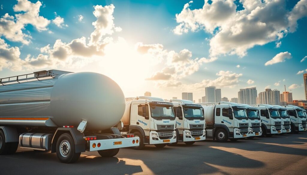 A fleet of heavy-duty water logistics trucks operated by Nawaz Brothers in a bustling urban setting, showcasing a meticulous arrangement of vehicles. In the foreground, a pristine white water tanker truck stands proudly, its gleaming surface reflecting bright sunlight. The middle ground features additional trucks lined up, each with distinctive branding, emphasizing efficiency and reliability. The background reveals a vibrant cityscape with blue skies and scattered clouds, illustrating a thriving environment. Use a wide-angle lens to capture the breadth of the fleet, enhancing the sense of scale. The atmosphere conveys professionalism and trustworthiness, with soft natural lighting highlighting the vehicles' details and creating a sense of openness and transparency in water logistics service. A fleet of heavy-duty water logistics trucks operated by Nawaz Brothers in a bustling urban setting, showcasing a meticulous arrangement of vehicles. In the foreground, a pristine white water tanker truck stands proudly, its gleaming surface reflecting bright sunlight. The middle ground features additional trucks lined up, each with distinctive branding, emphasizing efficiency and reliability. The background reveals a vibrant cityscape with blue skies and scattered clouds, illustrating a thriving environment. Use a wide-angle lens to capture the breadth of the fleet, enhancing the sense of scale. The atmosphere conveys professionalism and trustworthiness, with soft natural lighting highlighting the vehicles' details and creating a sense of openness and transparency in water logistics service.