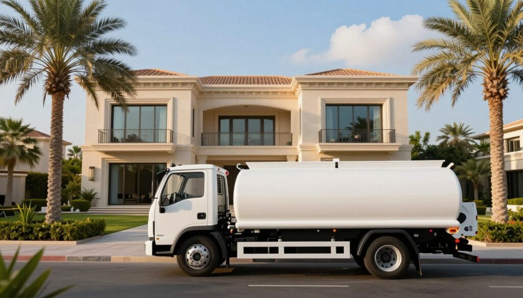 A luxurious villa setting in Dubai, showcasing a modern water delivery truck parked in the foreground. The truck has a sleek white tanker glimmering under the warm afternoon sun. In the middle ground, the opulent villa features elegant architecture with large glass windows, surrounded by lush greenery and palm trees swaying gently in the breeze. The background reveals a clear blue sky with a few fluffy white clouds, adding to the serene atmosphere. The scene is bathed in soft, golden lighting, creating a harmonious and inviting mood. This picturesque depiction highlights the convenience and elegance of villa water services in Dubai. A luxurious villa setting in Dubai, showcasing a modern water delivery truck parked in the foreground. The truck has a sleek white tanker glimmering under the warm afternoon sun. In the middle ground, the opulent villa features elegant architecture with large glass windows, surrounded by lush greenery and palm trees swaying gently in the breeze. The background reveals a clear blue sky with a few fluffy white clouds, adding to the serene atmosphere. The scene is bathed in soft, golden lighting, creating a harmonious and inviting mood. This picturesque depiction highlights the convenience and elegance of villa water services in Dubai.