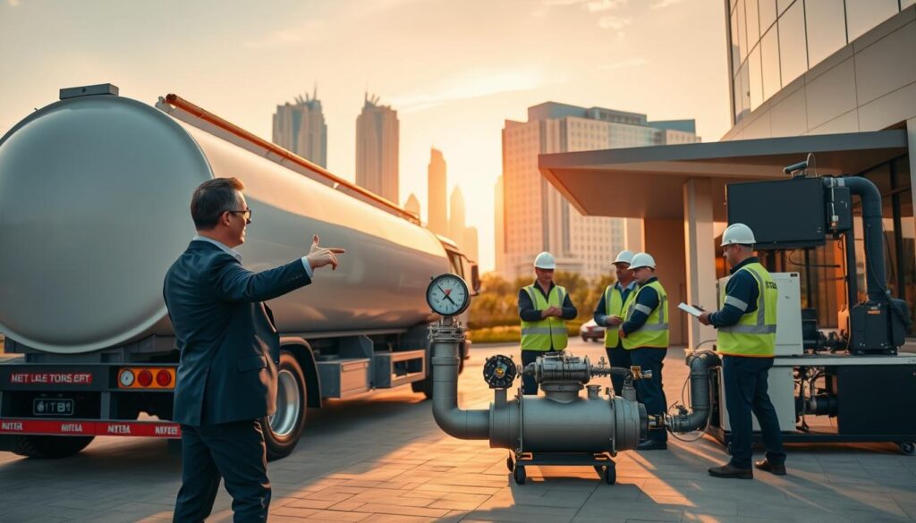 A modern hotel water supply management scene in Dubai, showcasing a professional team inspecting a large, white tanker truck parked near a luxurious hotel entrance. In the foreground, a project manager in business attire gestures toward a flow meter, symbolizing precision in water services. In the middle, technicians perform checks on water quality and infrastructure, surrounded by advanced equipment. The background reveals a stunning Dubai skyline with iconic buildings under a clear blue sky, reflecting the city's commitment to top-notch services. Warm, natural lighting illuminates the scene, creating an inviting and dependable atmosphere, while capturing the essence of reliable hospitality water supply standards. A modern hotel water supply management scene in Dubai, showcasing a professional team inspecting a large, white tanker truck parked near a luxurious hotel entrance. In the foreground, a project manager in business attire gestures toward a flow meter, symbolizing precision in water services. In the middle, technicians perform checks on water quality and infrastructure, surrounded by advanced equipment. The background reveals a stunning Dubai skyline with iconic buildings under a clear blue sky, reflecting the city's commitment to top-notch services. Warm, natural lighting illuminates the scene, creating an inviting and dependable atmosphere, while capturing the essence of reliable hospitality water supply standards.