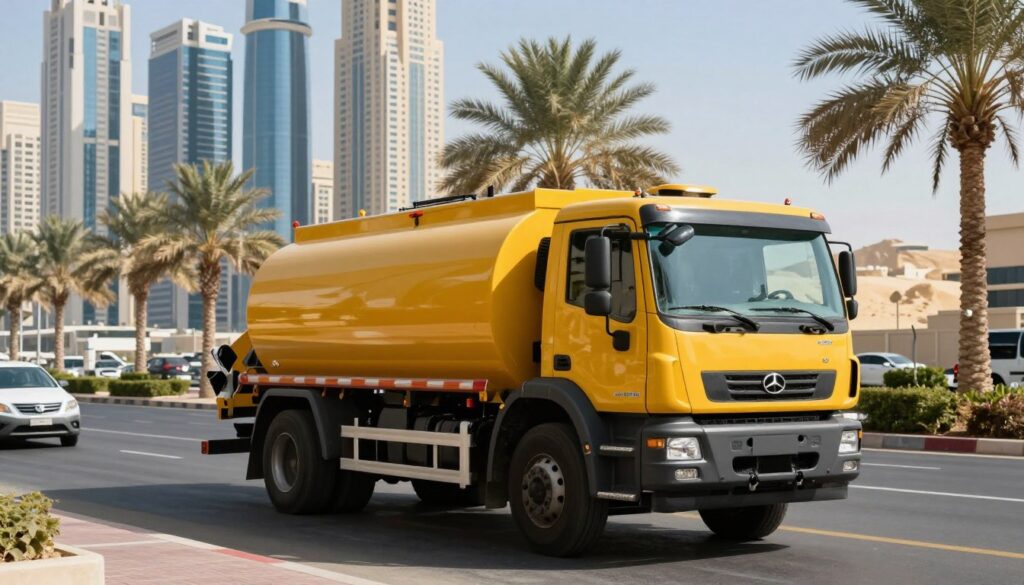 A modern sewage disposal truck parked on a busy street in Dubai, featuring a dark yellow tanker prominently displayed. In the foreground, the truck's reflective surface gleams under the bright midday sun, showcasing its sturdy design. The middle ground captures bustling city life with elegant skyscrapers and palm trees framing the scene, emphasizing Dubai's unique urban landscape. The background features a clear blue sky and distant sandy hills, adding to the atmospheric warmth of the desert city. The angle is slightly low, enhancing the truck's commanding presence while ensuring the details of the surroundings complement the image. The overall mood is professional and industrious, representing efficient sewage services in a vibrant metropolis. The scene is devoid of any text or distractions, focusing solely on the truck and its environment.