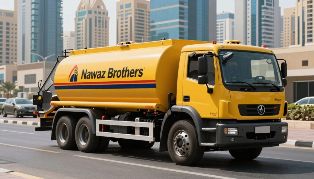 A modern sewage truck showcasing the top-rated Nawaz Brothers Cargo Transport by Heavy & Light Trucks LLC in Dubai, prominently featuring a dark yellow tanker behind a sturdy, well-maintained truck. In the foreground, the truck is parked on a clean, urban street, with the bustling Dubai skyline in the background, highlighting the company's presence in the city. The scene is illuminated by bright, natural daylight, casting clear shadows and enhancing the vibrant colors of the surroundings. The atmosphere is professional and efficient, reflecting the high standards of the sewage services provided by the company. The image captures a sense of trust and reliability, showcasing the commitment of Nawaz Brothers Cargo to the community. No text or branding in the image.