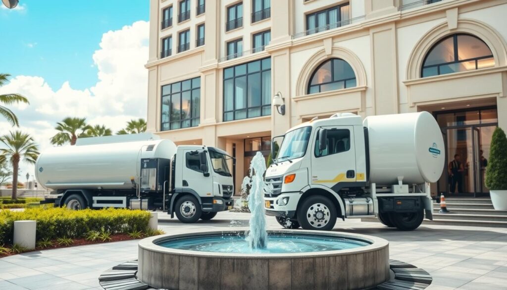 A pristine hotel courtyard featuring a white water tanker truck parked near a luxury hotel entrance, emphasizing a reliable water supply service. In the foreground, a clean, inviting water fountain surrounded by well-manicured plants. The middle ground showcases the elegant hotel facade with large windows reflecting sunlight, hinting at the luxurious interiors. The background presents a bright blue sky with fluffy clouds, conveying a sense of freshness and cleanliness. Soft, natural lighting highlights the scene, with a slightly elevated angle that captures both the hotel and the tanker effectively, creating a professional and serene atmosphere. The overall mood symbolizes trust, quality, and the essential role of water in the hospitality industry. No text or markings are present. A pristine hotel courtyard featuring a white water tanker truck parked near a luxury hotel entrance, emphasizing a reliable water supply service. In the foreground, a clean, inviting water fountain surrounded by well-manicured plants. The middle ground showcases the elegant hotel facade with large windows reflecting sunlight, hinting at the luxurious interiors. The background presents a bright blue sky with fluffy clouds, conveying a sense of freshness and cleanliness. Soft, natural lighting highlights the scene, with a slightly elevated angle that captures both the hotel and the tanker effectively, creating a professional and serene atmosphere. The overall mood symbolizes trust, quality, and the essential role of water in the hospitality industry. No text or markings are present.