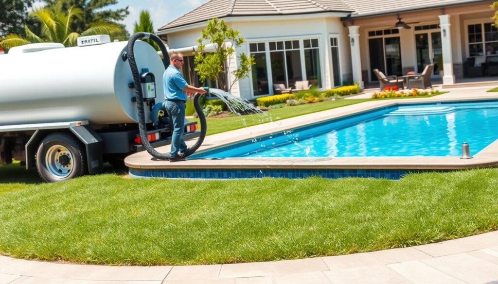 A professional pool water filling scene set in a sunny residential backyard. In the foreground, a white water tanker truck is parked next to a partially filled swimming pool, with water cascading from its hose into the pool. The middle ground features a well-maintained pool surrounded by green grass and colorful flowers, with the clear blue water reflecting sunlight. The background includes a stylish house with large windows and a patio area. The scene is illuminated by bright natural light, creating a clean and fresh atmosphere. The angle is slightly elevated, capturing the technician in professional attire, skillfully managing the water flow. The mood is efficient and serene, showcasing the meticulous process of filling a pool with pristine water. A professional pool water filling scene set in a sunny residential backyard. In the foreground, a white water tanker truck is parked next to a partially filled swimming pool, with water cascading from its hose into the pool. The middle ground features a well-maintained pool surrounded by green grass and colorful flowers, with the clear blue water reflecting sunlight. The background includes a stylish house with large windows and a patio area. The scene is illuminated by bright natural light, creating a clean and fresh atmosphere. The angle is slightly elevated, capturing the technician in professional attire, skillfully managing the water flow. The mood is efficient and serene, showcasing the meticulous process of filling a pool with pristine water.