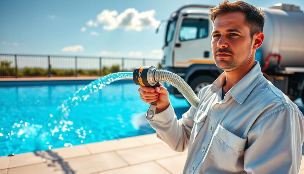 A professional pool water filling service in action, showcasing a white tanker truck parked beside a sparkling blue swimming pool. In the foreground, a technician in clean, modest work attire is supervising the filling process, holding a hose that feeds vibrant water into the pool. The middle ground features the pool partially filled, with light glistening off the water surface, creating an inviting atmosphere. In the background, a clear blue sky is visible, with a few fluffy clouds, enhancing the serene setting. Soft, warm sunlight bathes the scene, giving it a professional yet relaxed mood. The angle captures both the technician's focused expression and the pool’s beautiful reflection, emphasizing the importance of quality service in pool maintenance. A professional pool water filling service in action, showcasing a white tanker truck parked beside a sparkling blue swimming pool. In the foreground, a technician in clean, modest work attire is supervising the filling process, holding a hose that feeds vibrant water into the pool. The middle ground features the pool partially filled, with light glistening off the water surface, creating an inviting atmosphere. In the background, a clear blue sky is visible, with a few fluffy clouds, enhancing the serene setting. Soft, warm sunlight bathes the scene, giving it a professional yet relaxed mood. The angle captures both the technician's focused expression and the pool’s beautiful reflection, emphasizing the importance of quality service in pool maintenance.