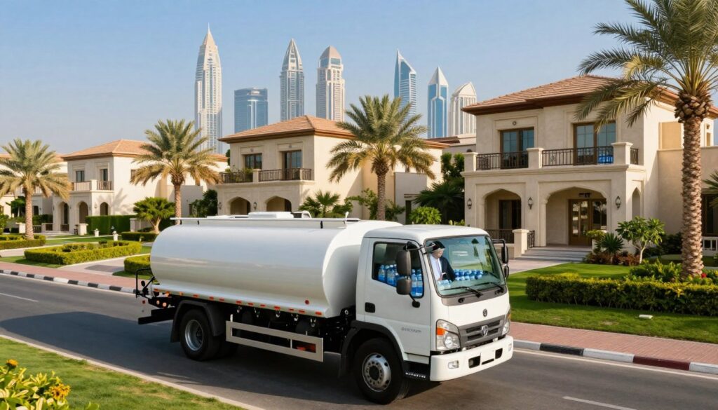 A well-equipped water delivery truck in the foreground with a gleaming white tanker, parked in a spacious residential area of Dubai. The truck's driver, dressed in professional business attire, is unloading water bottles, showcasing the efficiency of villa water delivery. In the middle ground, several elegant villas with lush green gardens and palm trees create a serene suburban atmosphere. The background highlights the iconic skyline of Dubai, with modern skyscrapers glistening under the bright, warm sunlight. The scene is infused with a sense of growing demand and convenience, conveyed through the bustling activity of the delivery service. Use a wide-angle lens to capture the full essence of the neighborhood, ensuring the lighting is vibrant, enhancing the colors of the villas and the clear blue sky. A well-equipped water delivery truck in the foreground with a gleaming white tanker, parked in a spacious residential area of Dubai. The truck's driver, dressed in professional business attire, is unloading water bottles, showcasing the efficiency of villa water delivery. In the middle ground, several elegant villas with lush green gardens and palm trees create a serene suburban atmosphere. The background highlights the iconic skyline of Dubai, with modern skyscrapers glistening under the bright, warm sunlight. The scene is infused with a sense of growing demand and convenience, conveyed through the bustling activity of the delivery service. Use a wide-angle lens to capture the full essence of the neighborhood, ensuring the lighting is vibrant, enhancing the colors of the villas and the clear blue sky.