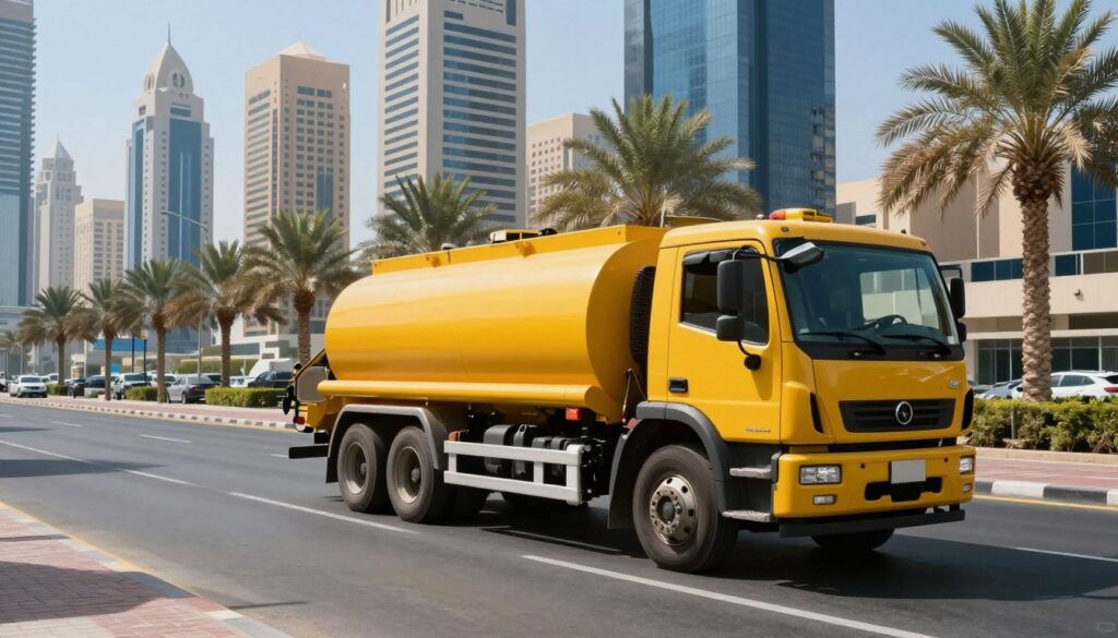 A well-maintained dark yellow sewage truck parked in an urban Dubai setting, highlighting the importance of professional sewage management. In the foreground, the truck's tanker gleams under bright sunlight, showcasing its robust build. The middle ground features a busy city street, with modern skyscrapers and palm trees lining the road, creating a vibrant atmosphere. In the background, a clear blue sky contrasts with the intricate architecture of Dubai's skyline. The scene captures a sense of order and efficiency, emphasizing the critical role of sewage services in urban infrastructure. Soft shadows enhance the realism, and a wide-angle lens perspective pulls the viewer into the dynamic environment, promoting an awareness of cleanliness and civic responsibility without any human subjects present.